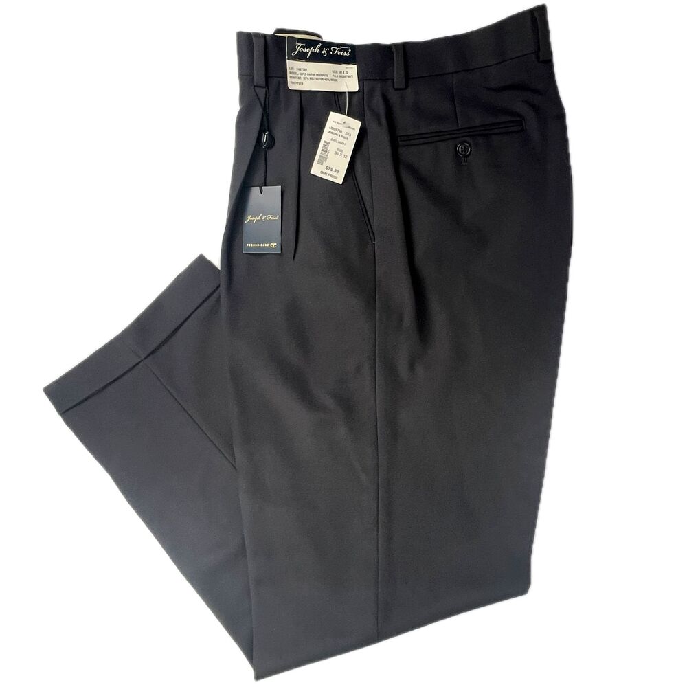 NWT Joseph & Feiss Mens 36x32 Black Wool Blend Pleated Dress Pants